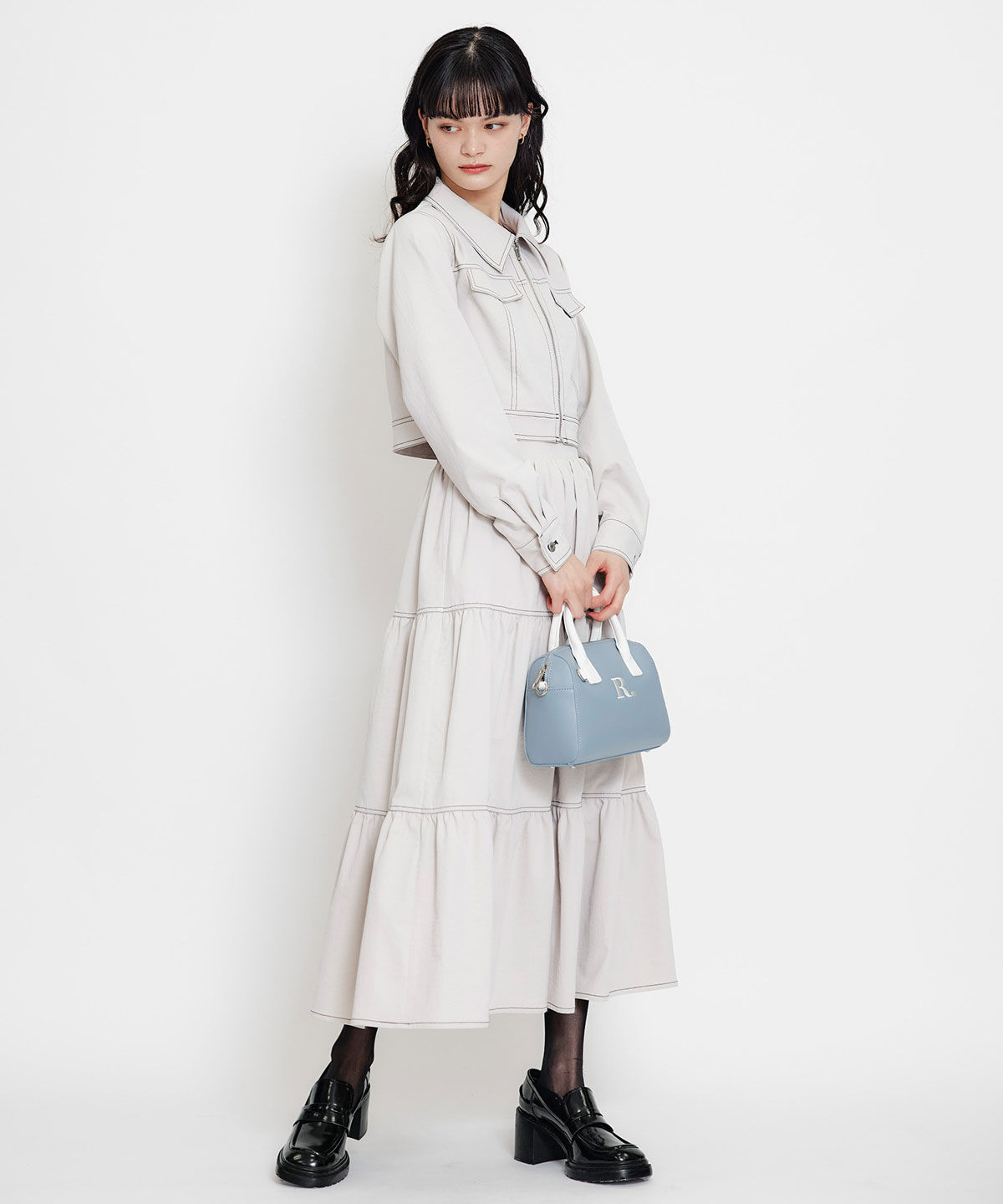 REDYAZEL「バイカラーステッチティアードロングスカート」|フレア|