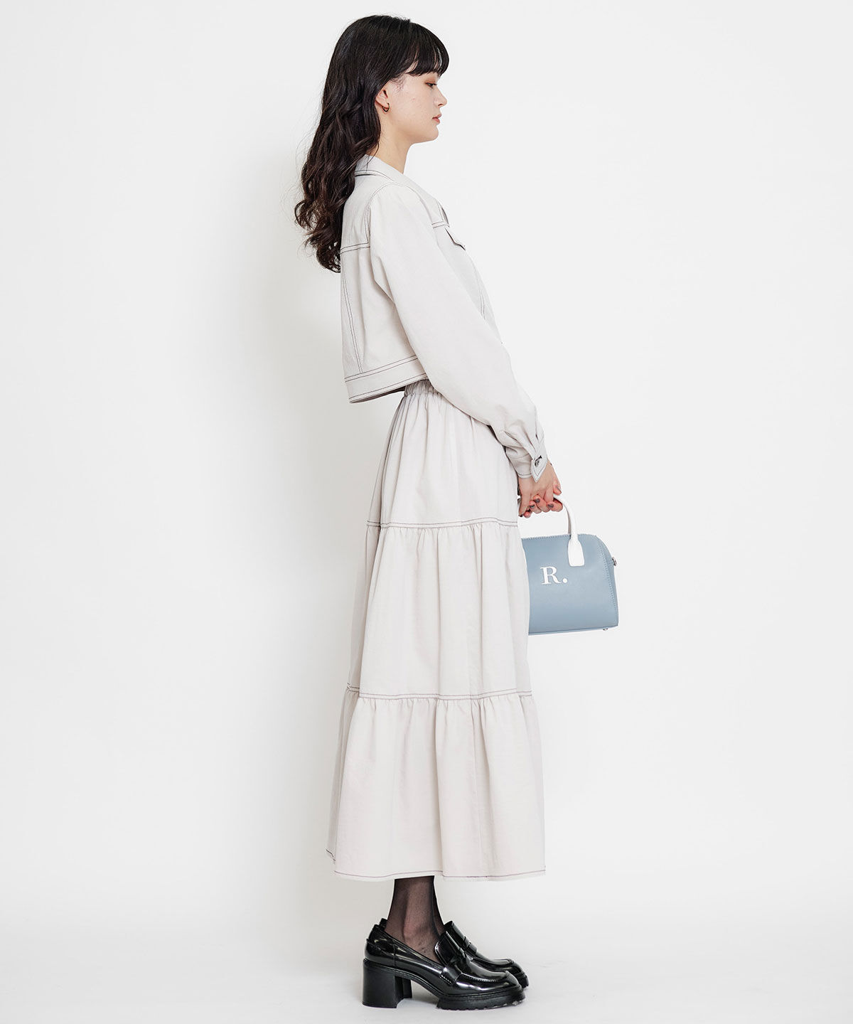 REDYAZEL「バイカラーステッチティアードロングスカート」|フレア|