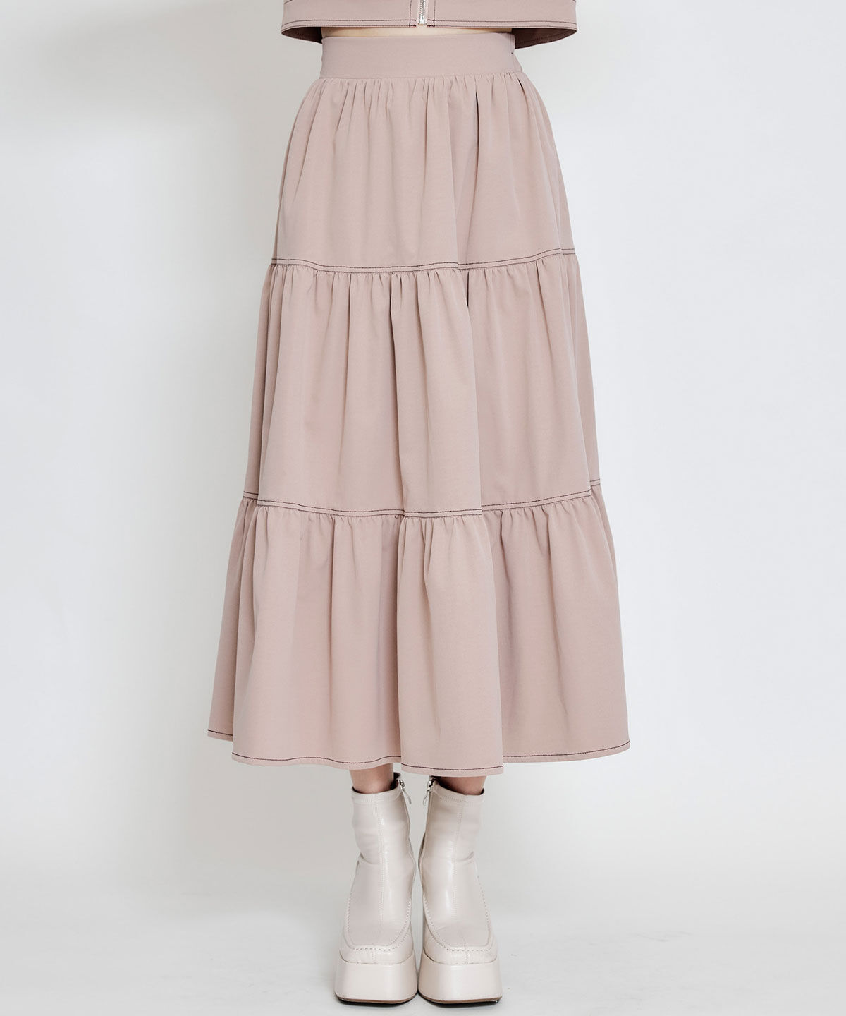 REDYAZEL「バイカラーステッチティアードロングスカート」|フレア|ピンク