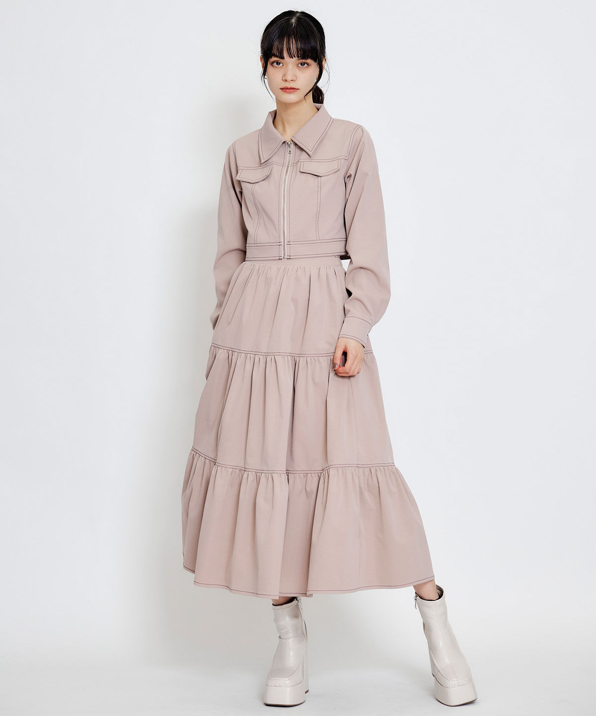 REDYAZEL「バイカラーステッチティアードロングスカート」|フレア|