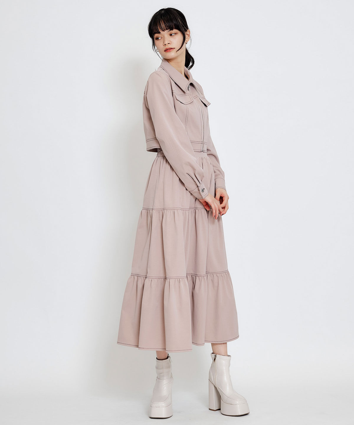 REDYAZEL「バイカラーステッチティアードロングスカート」|フレア|