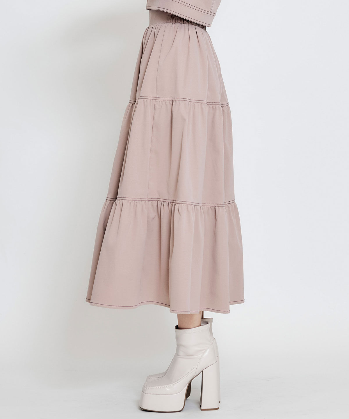 REDYAZEL「バイカラーステッチティアードロングスカート」|フレア|