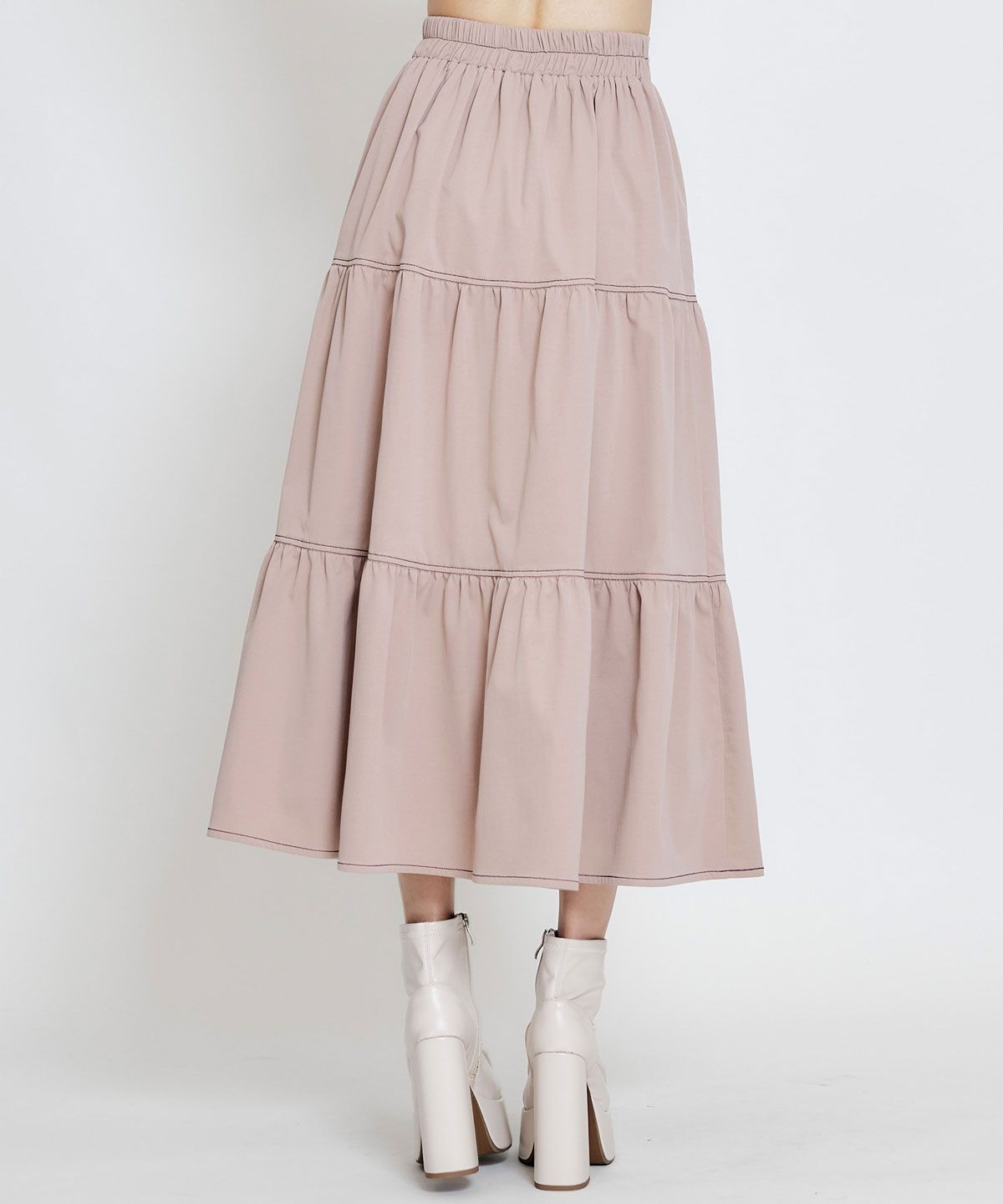 REDYAZEL「バイカラーステッチティアードロングスカート」|フレア|