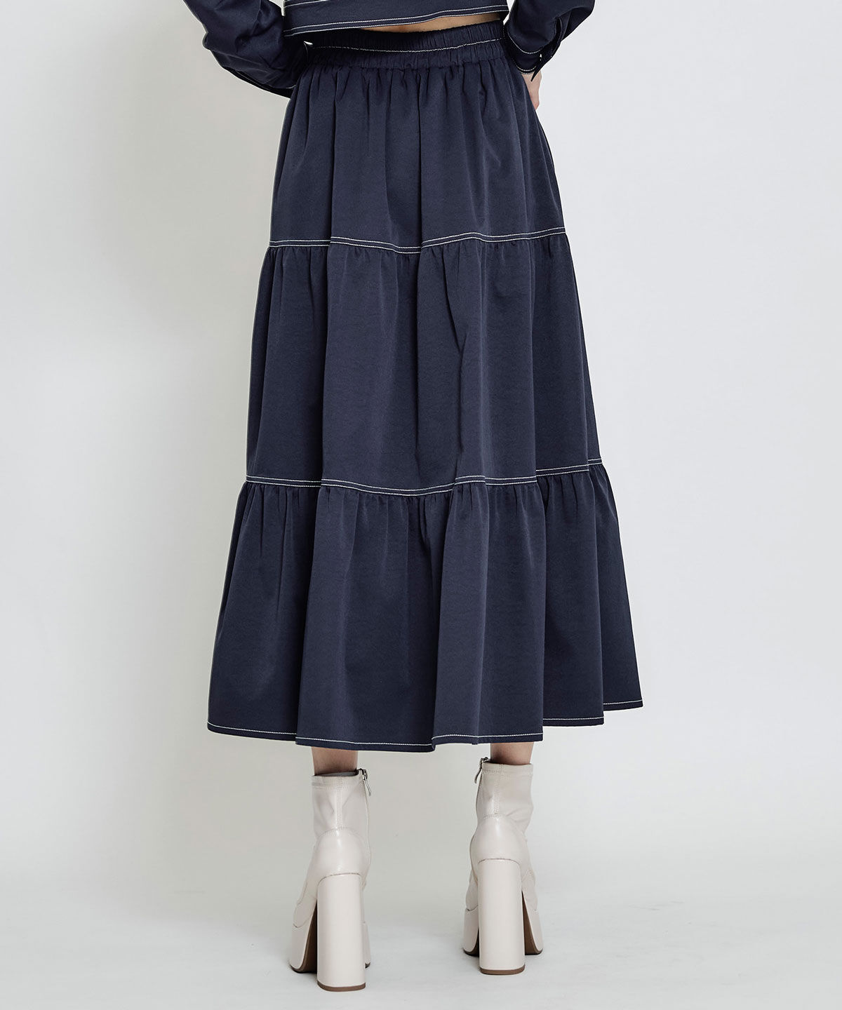 REDYAZEL「バイカラーステッチティアードロングスカート」|フレア|