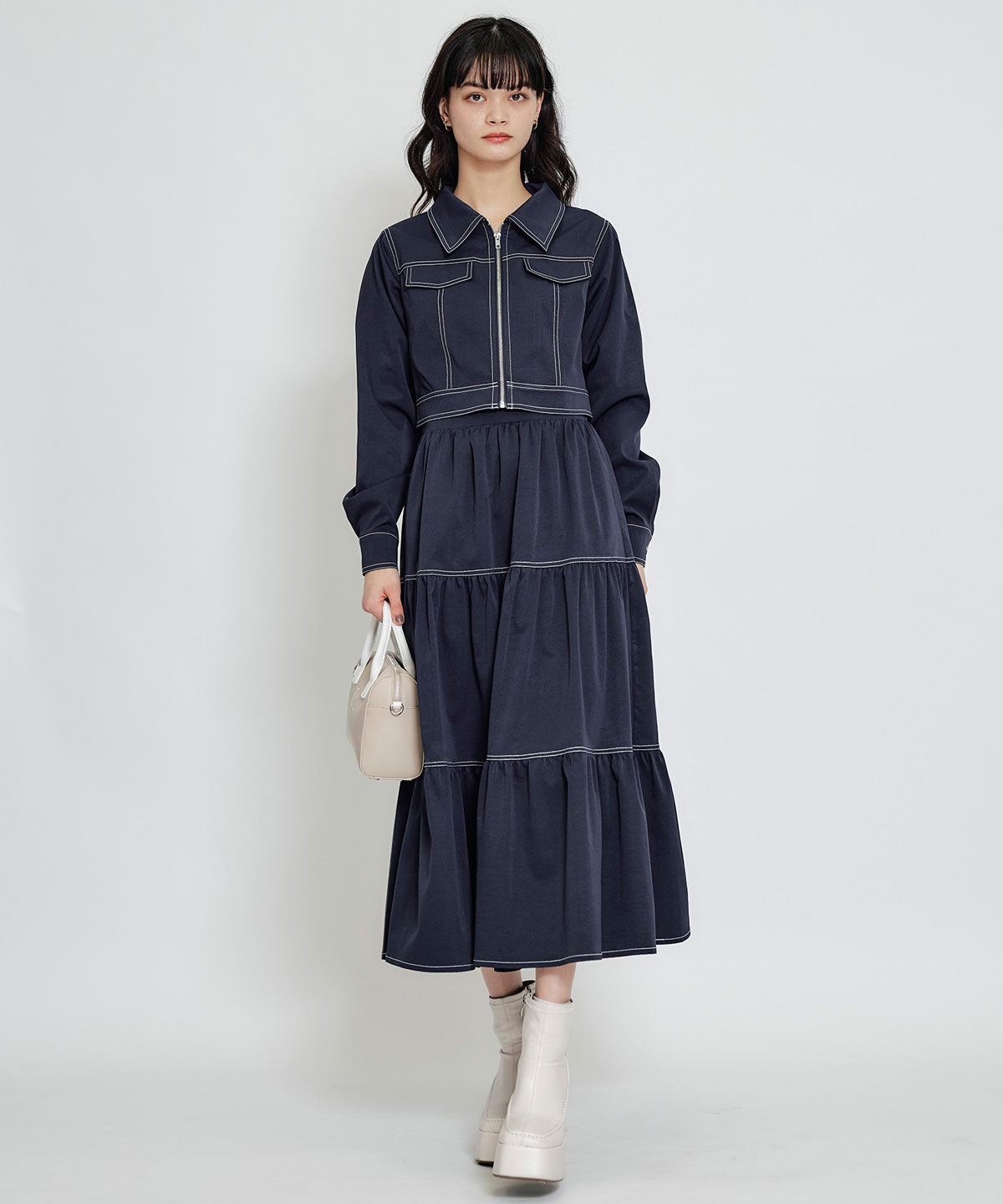 REDYAZEL「バイカラーステッチティアードロングスカート」|フレア|