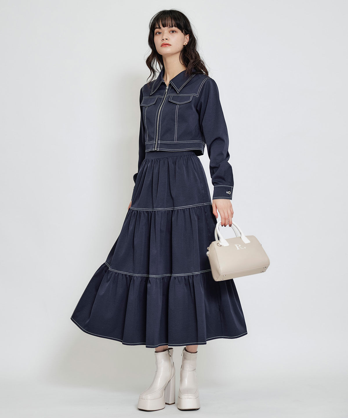 REDYAZEL「バイカラーステッチティアードロングスカート」|フレア|