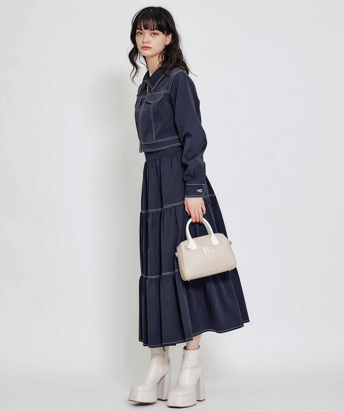 REDYAZEL「バイカラーステッチティアードロングスカート」|フレア|