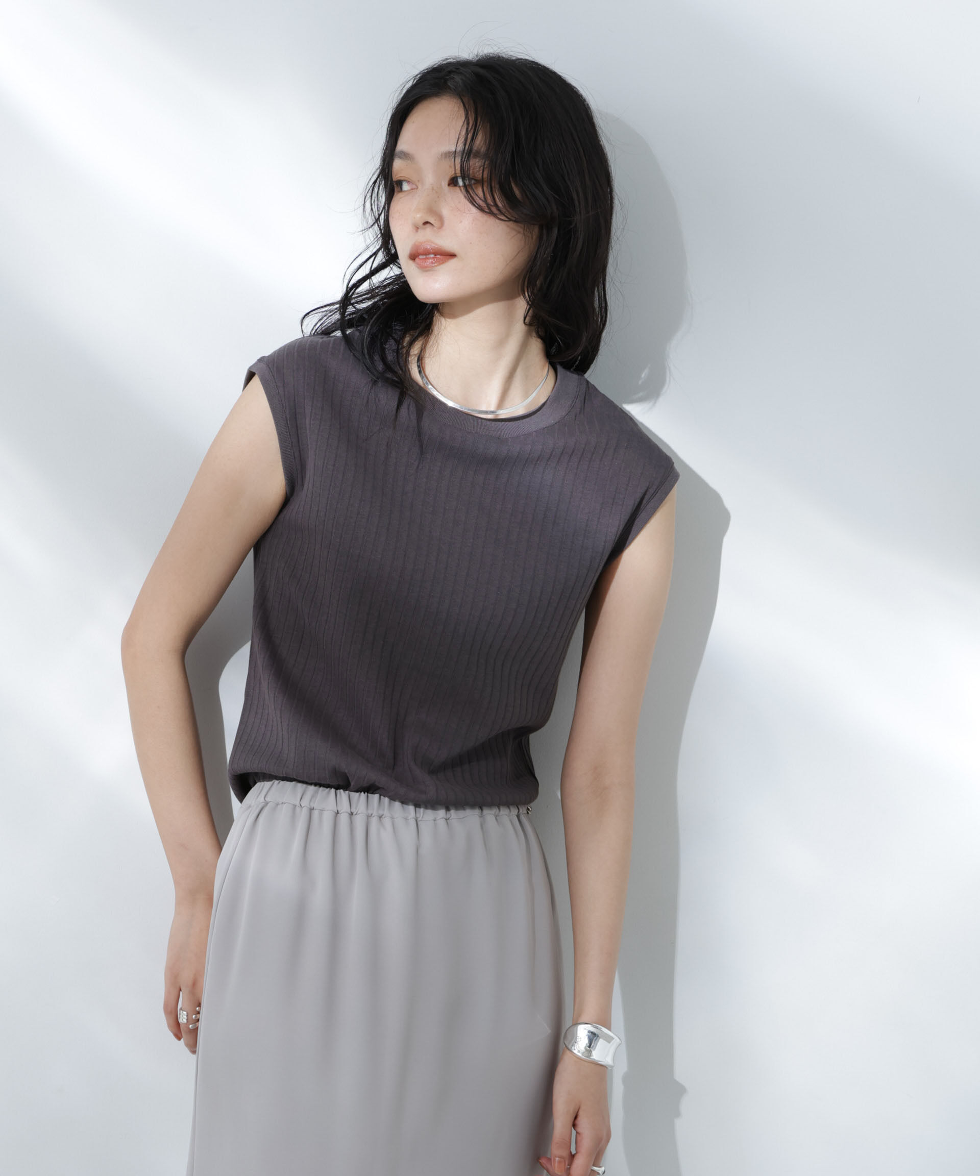 nano･universe「Anti Soaked(R) 汗染み防止リブノースリーブTシャツ（セットアップ可）」|Tシャツ・カットソー|チャコール3