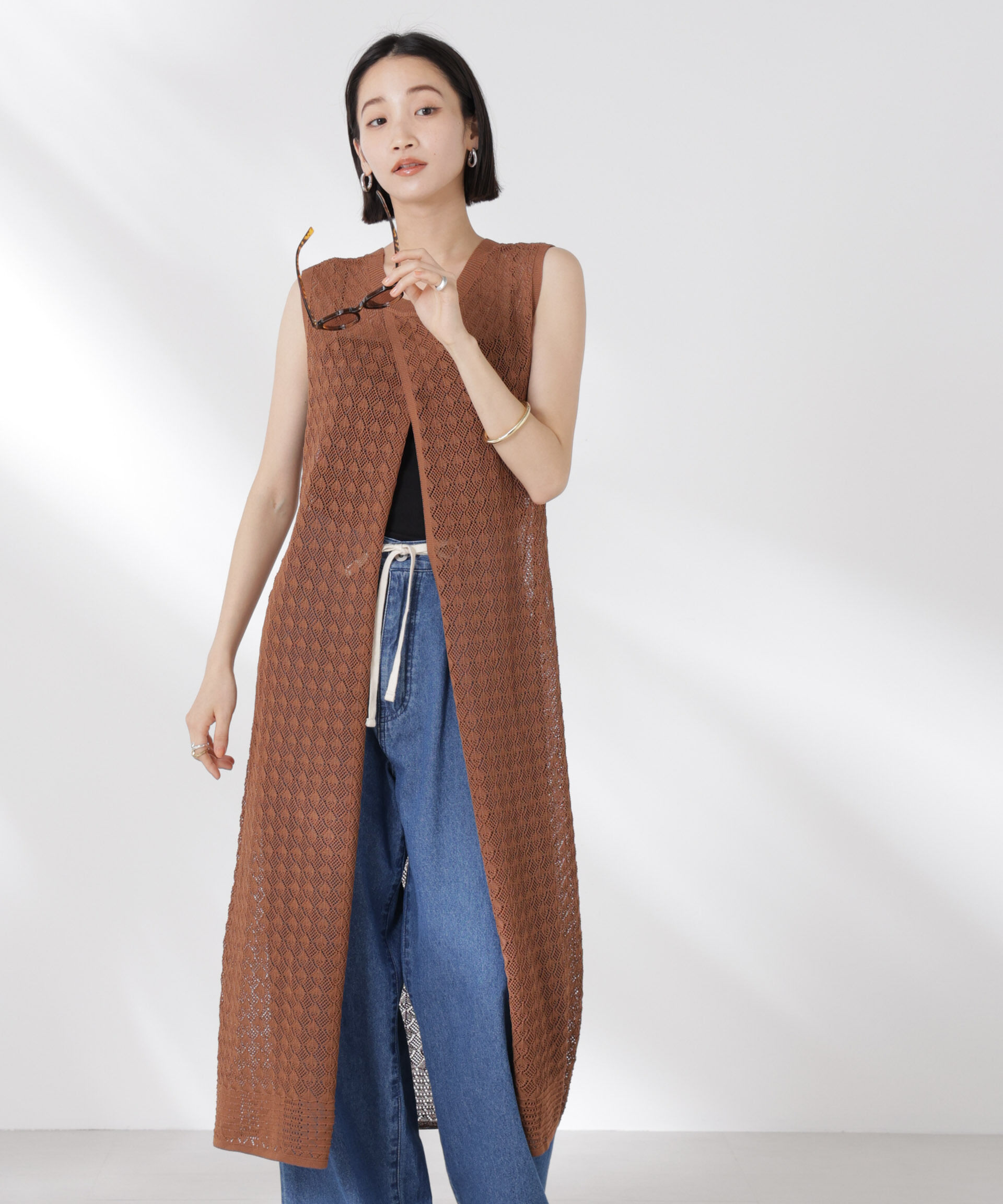 nano･universe「前後2wayダイヤ透かし柄ノースリーブニットワンピース」|ワンピース|