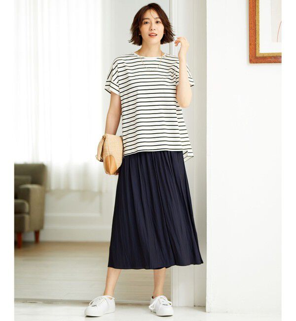 自由区「【洗える/UVケア】ボーダー タックデザインカットソー」|Tシャツ・カットソー|