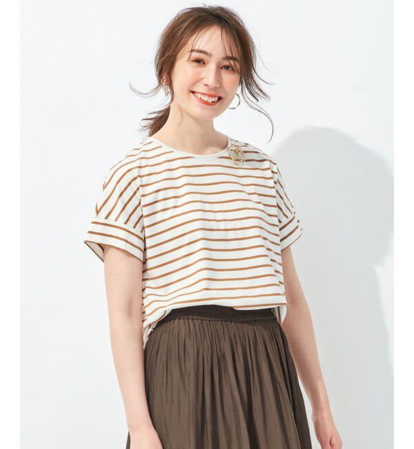 自由区「【洗える/UVケア】ボーダー タックデザインカットソー」|Tシャツ・カットソー|アイボリー系2