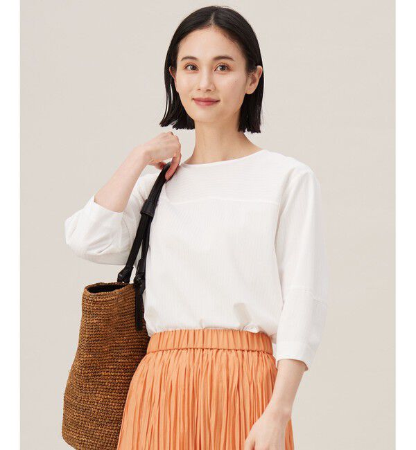 自由区「【接触冷感・UVカット・洗える】ストライプコットンハイゲージフォルムスリーブ カットソー」|Tシャツ・カットソー|オフ