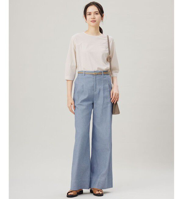 自由区「【接触冷感・UVカット・洗える】ストライプコットンハイゲージフォルムスリーブ カットソー」|Tシャツ・カットソー|