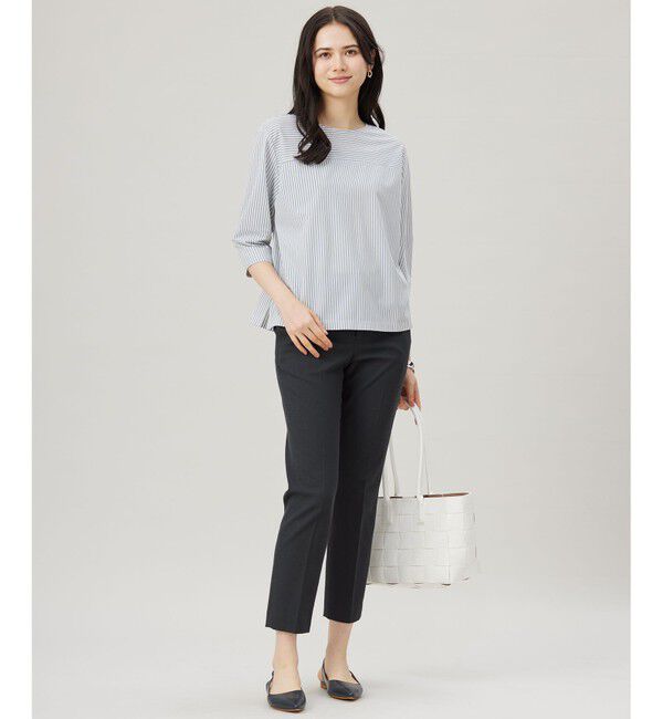 自由区「【接触冷感・UVカット・洗える】ストライプコットンハイゲージフォルムスリーブ カットソー」|Tシャツ・カットソー|