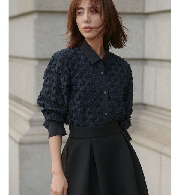 自由区「シアージオメトリックジャカードクロップド丈 ブラウス」|シャツ・ブラウス|ネイビー