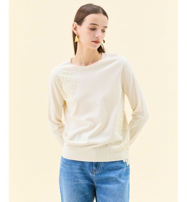 BEIGE,「【ご好評により新色追加！洗える】WILLOW / アシンメトリーレースクルーネックニット」|ニット・セーター|Ecru&times;Ecru