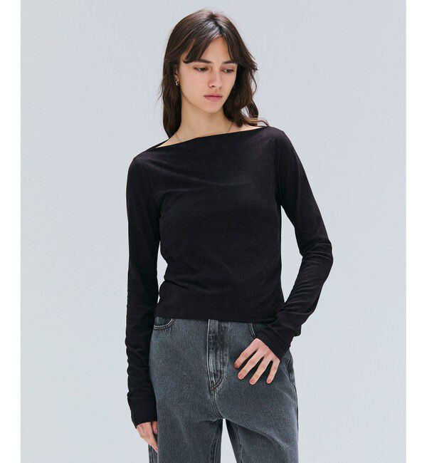 BEIGE,「【洗える・BAILA掲載】BUTLER / ストレッチベロアボートネックカットソー」|Tシャツ・カットソー|Black