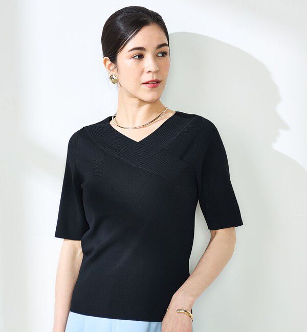 NOLLEY'S sophi「《手洗い可能》カシュクール風5分袖プルオーバーニット」|ニット・セーター|