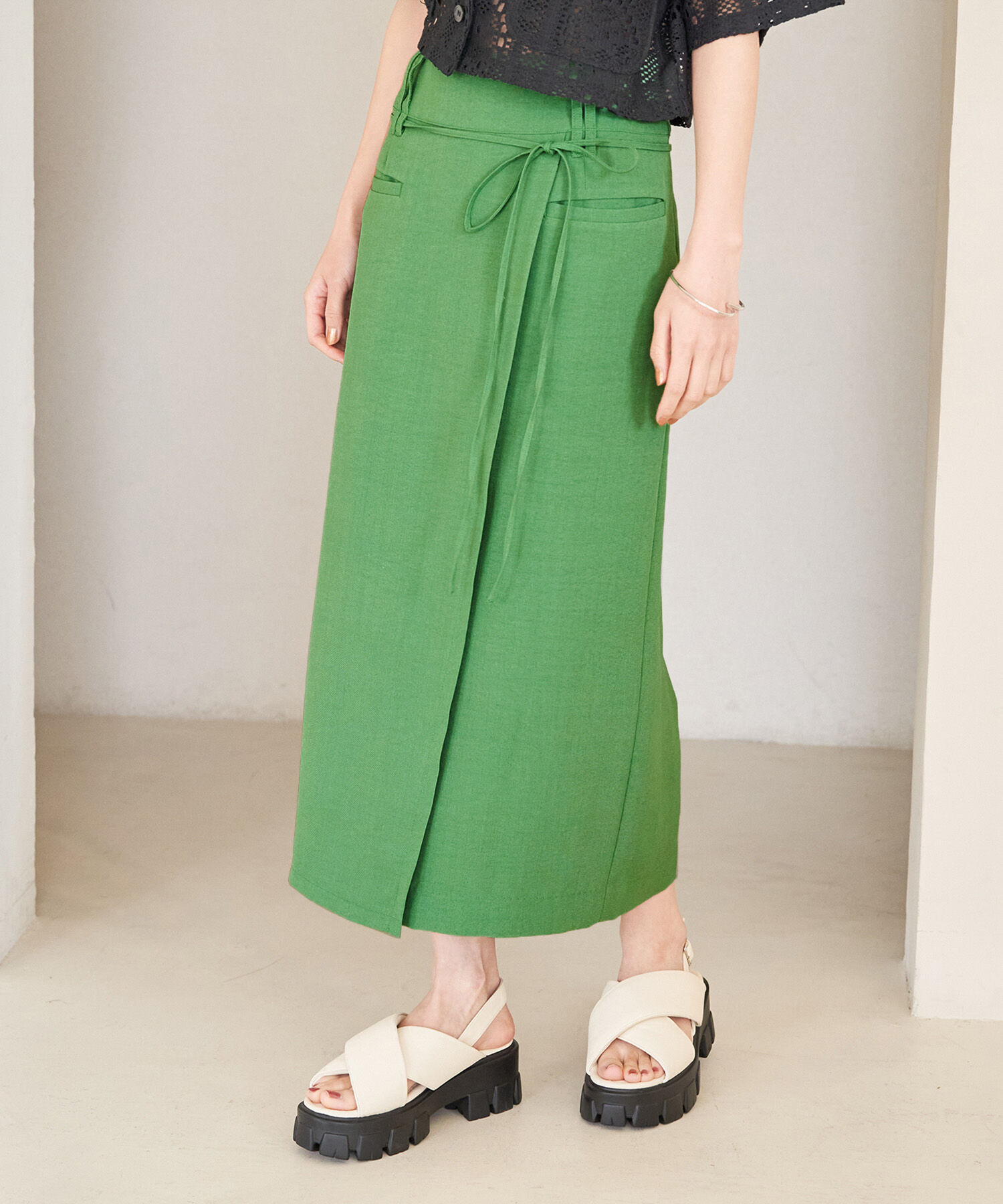VIS「【接触冷感・洗える】美easyリネンライクベルト付き Iラインスカート」|スカート|