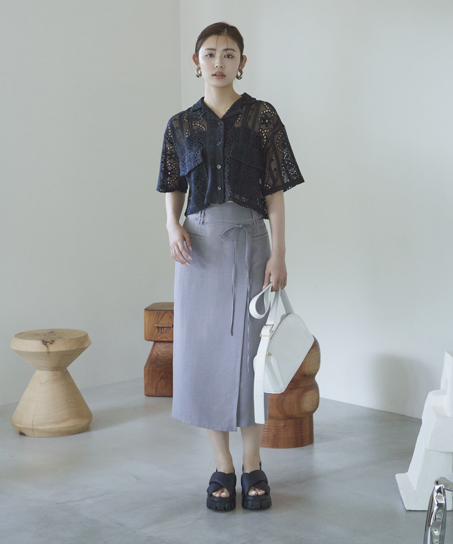 VIS「【接触冷感・洗える】美easyリネンライクベルト付き Iラインスカート」|スカート|