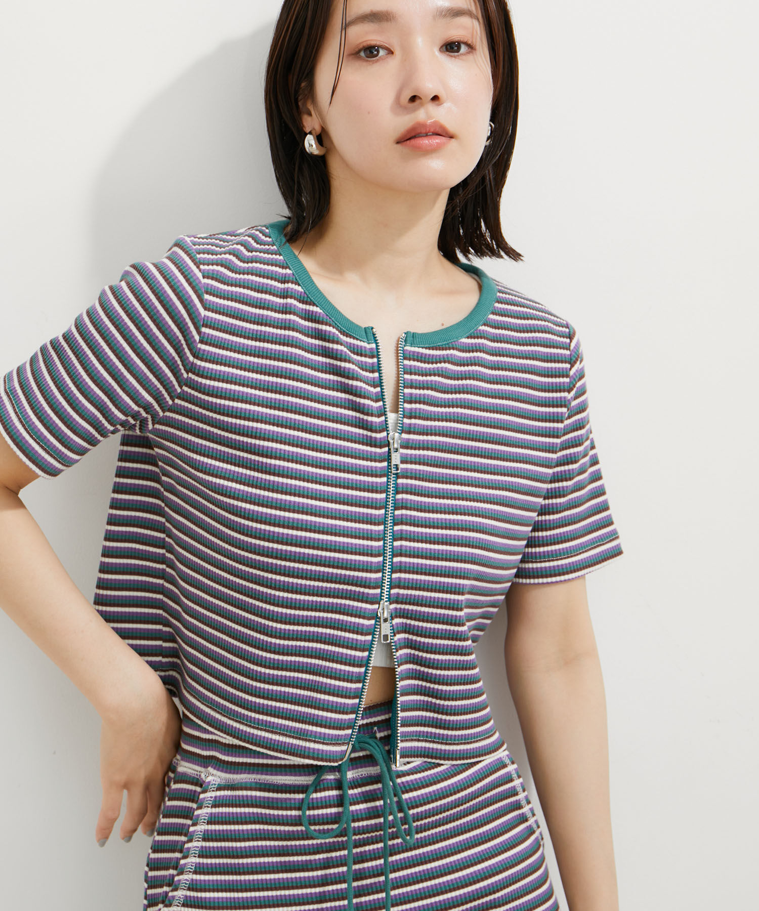 VIS「【セットアップ対応】リブ半袖ZIPカーディガン【洗える】」|カーディガン|