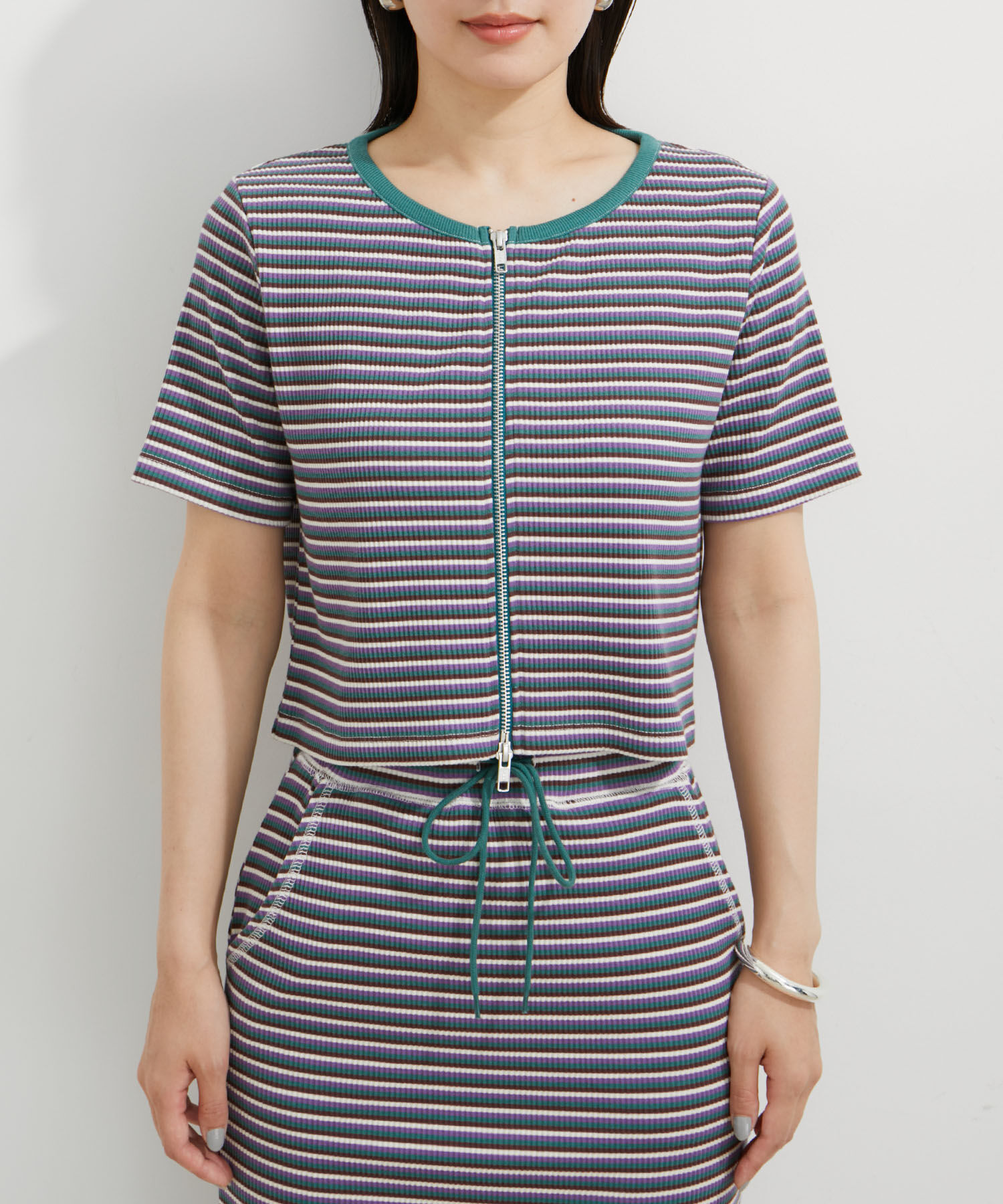 VIS「【セットアップ対応】リブ半袖ZIPカーディガン【洗える】」|カーディガン|