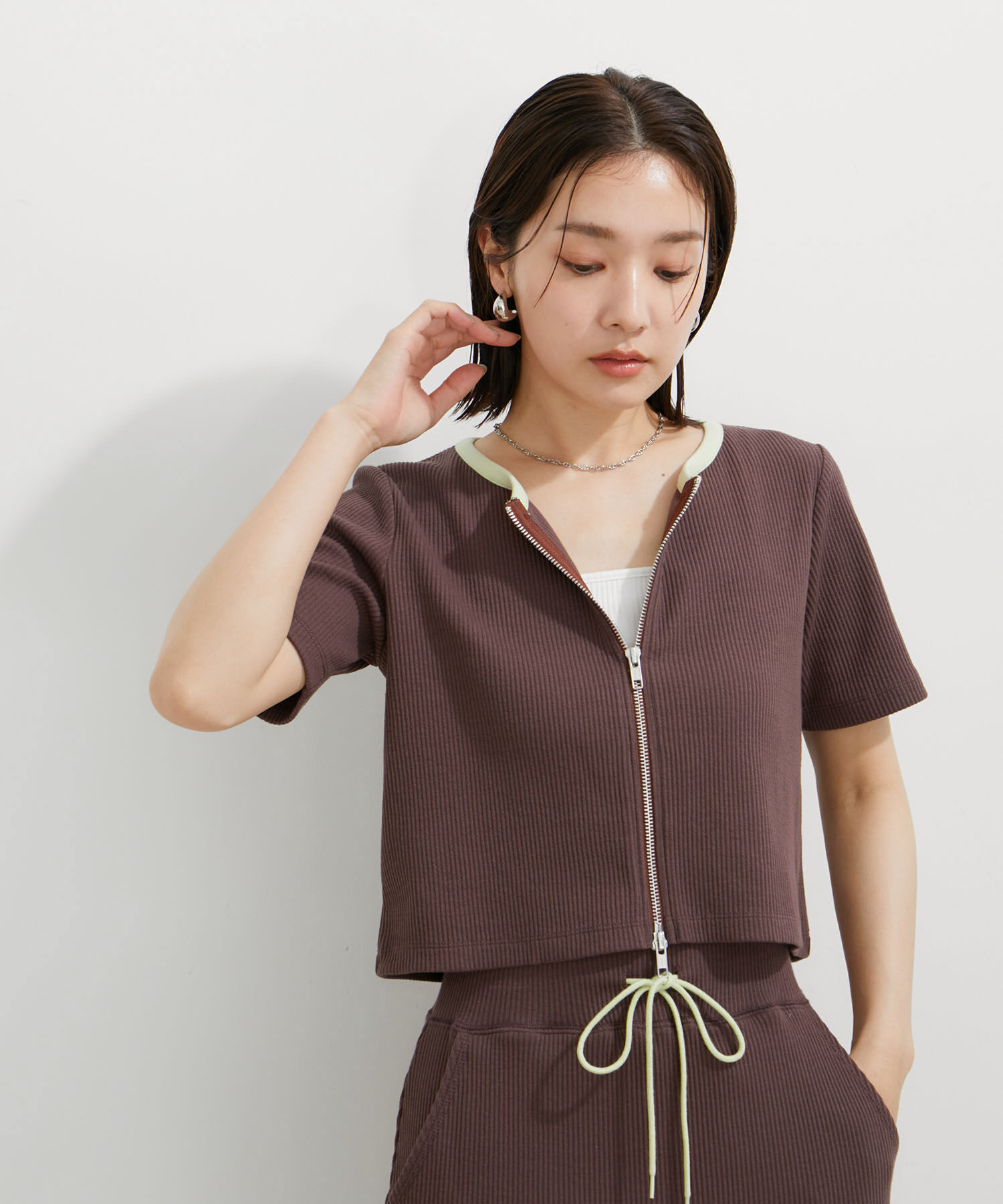 VIS「【セットアップ対応】リブ半袖ZIPカーディガン【洗える】」|カーディガン|