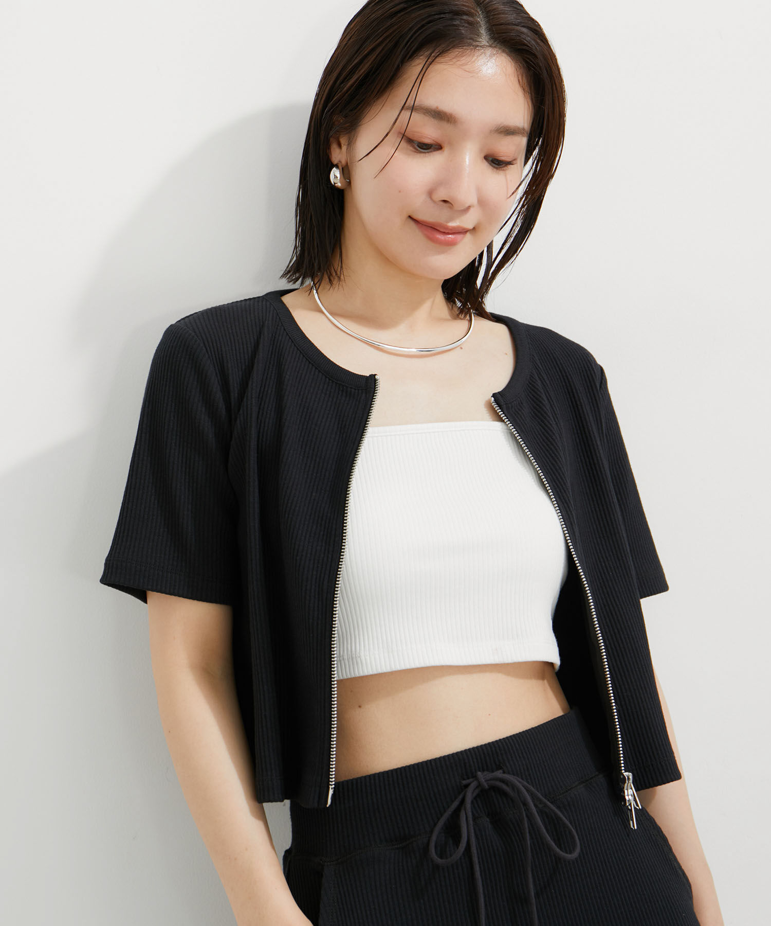 VIS「【セットアップ対応】リブ半袖ZIPカーディガン【洗える】」|カーディガン|