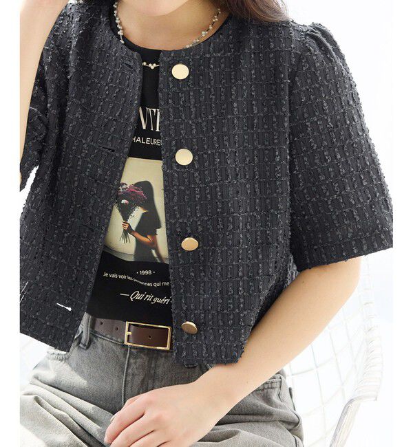 Rope&rsquo;Picnic「【サマー・ツイード】金ボタンカーディジャケット」|ノーカラージャケット|チャコール(06)