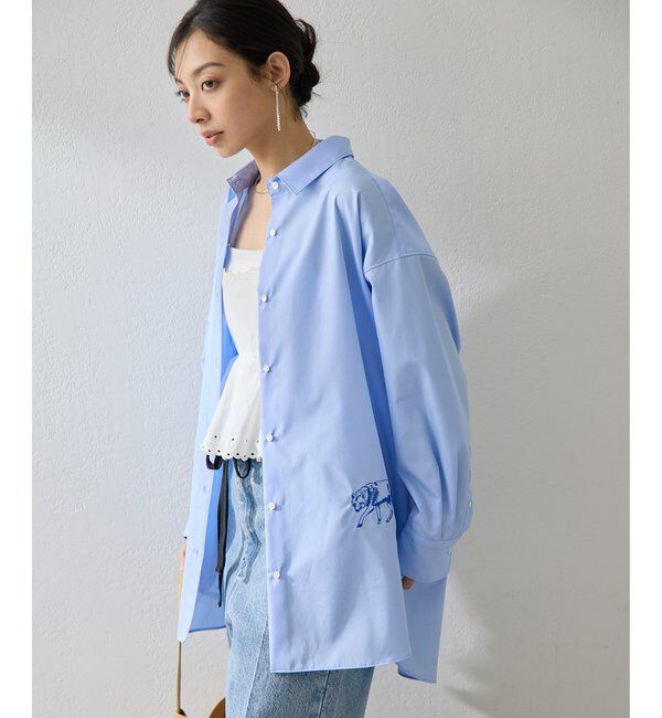  「＜一部カラー期間限定販売＞アニマル刺繍シャツ」|シャツ・ブラウス|サックスブルー