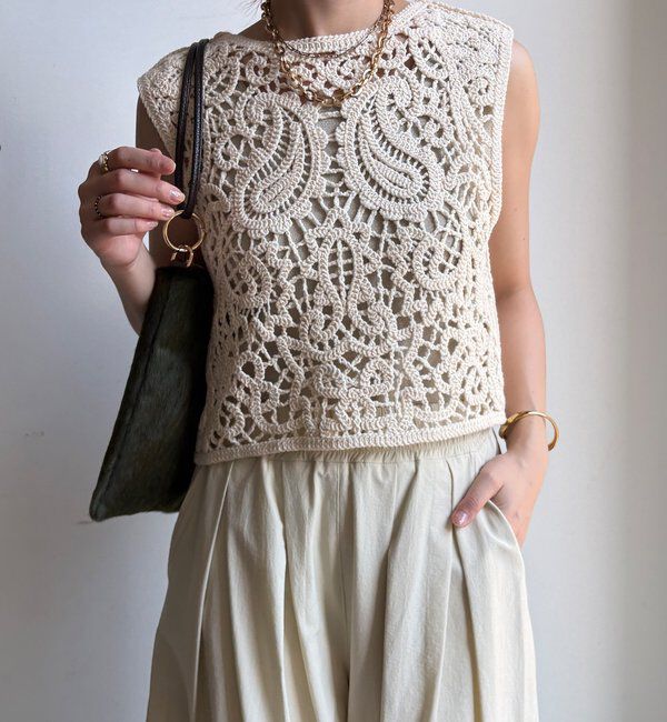  「クロッシェ編みニットベスト」|ニット・セーター|アイボリー
