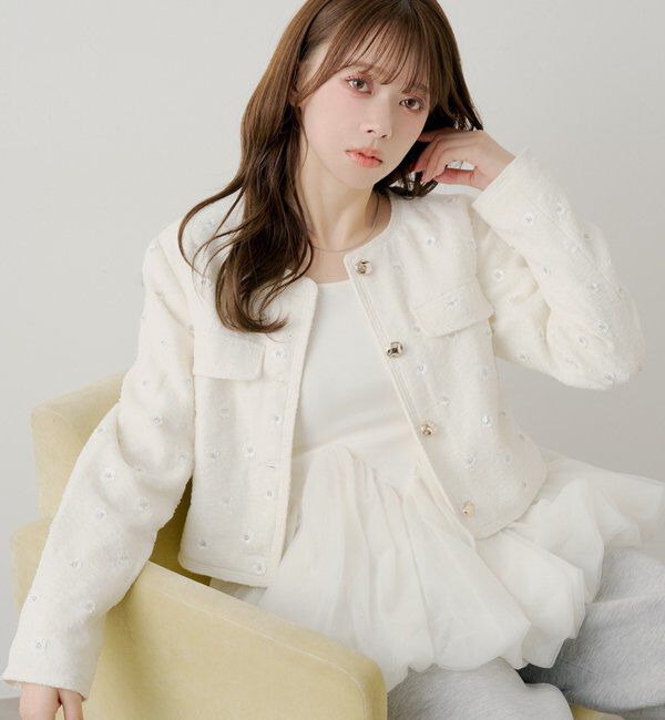  「【SALON by Chico】フラワービジューツイードクルージャケット」|その他|ホワイト