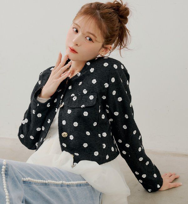  「【SALON by Chico】フラワービジューツイードクルージャケット」|その他|