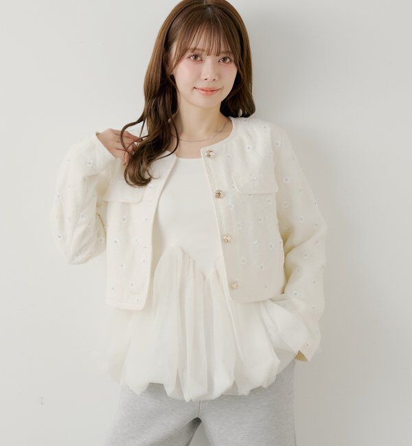  「【SALON by Chico】フラワービジューツイードクルージャケット」|その他|