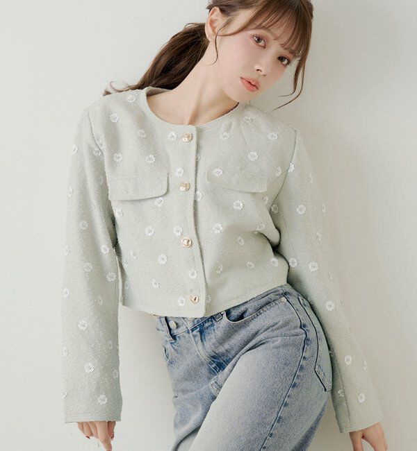  「【SALON by Chico】フラワービジューツイードクルージャケット」|その他|ミント