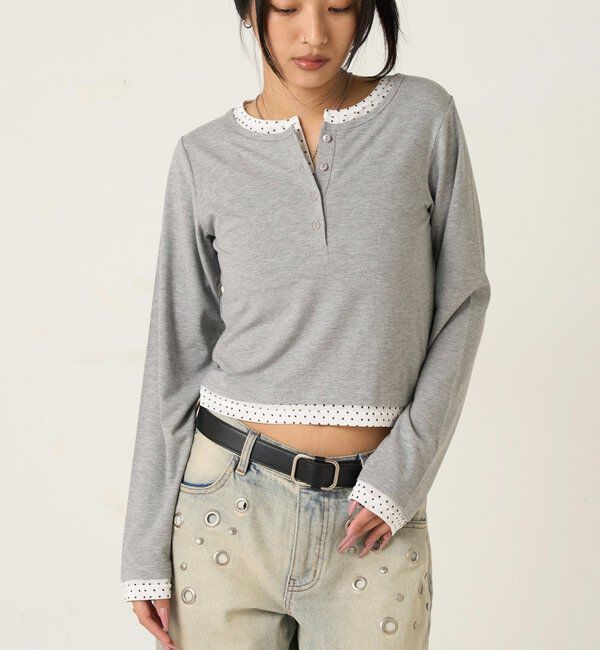  「【WEB限定カラーあり/ドット柄】レイヤードヘンリートップス」|Tシャツ・カットソー|
