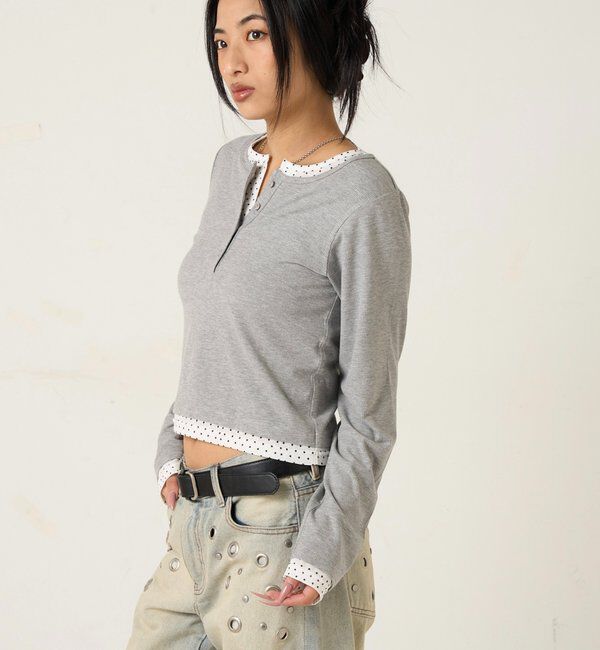  「【WEB限定カラーあり/ドット柄】レイヤードヘンリートップス」|Tシャツ・カットソー|