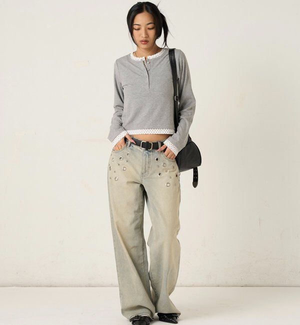  「【WEB限定カラーあり/ドット柄】レイヤードヘンリートップス」|Tシャツ・カットソー|