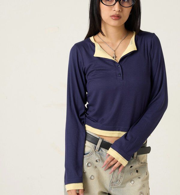  「【WEB限定カラーあり/ドット柄】レイヤードヘンリートップス」|Tシャツ・カットソー|