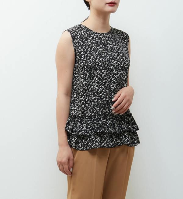 TIARA「モノトーンリーフプリントペプラムブラウス」|シャツ・ブラウス|ブラック