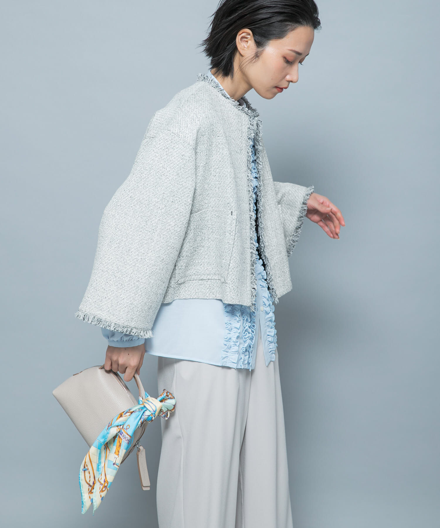 URBAN RESEARCH ROSSO「ツイードショートジャケット」|ノーカラージャケット|