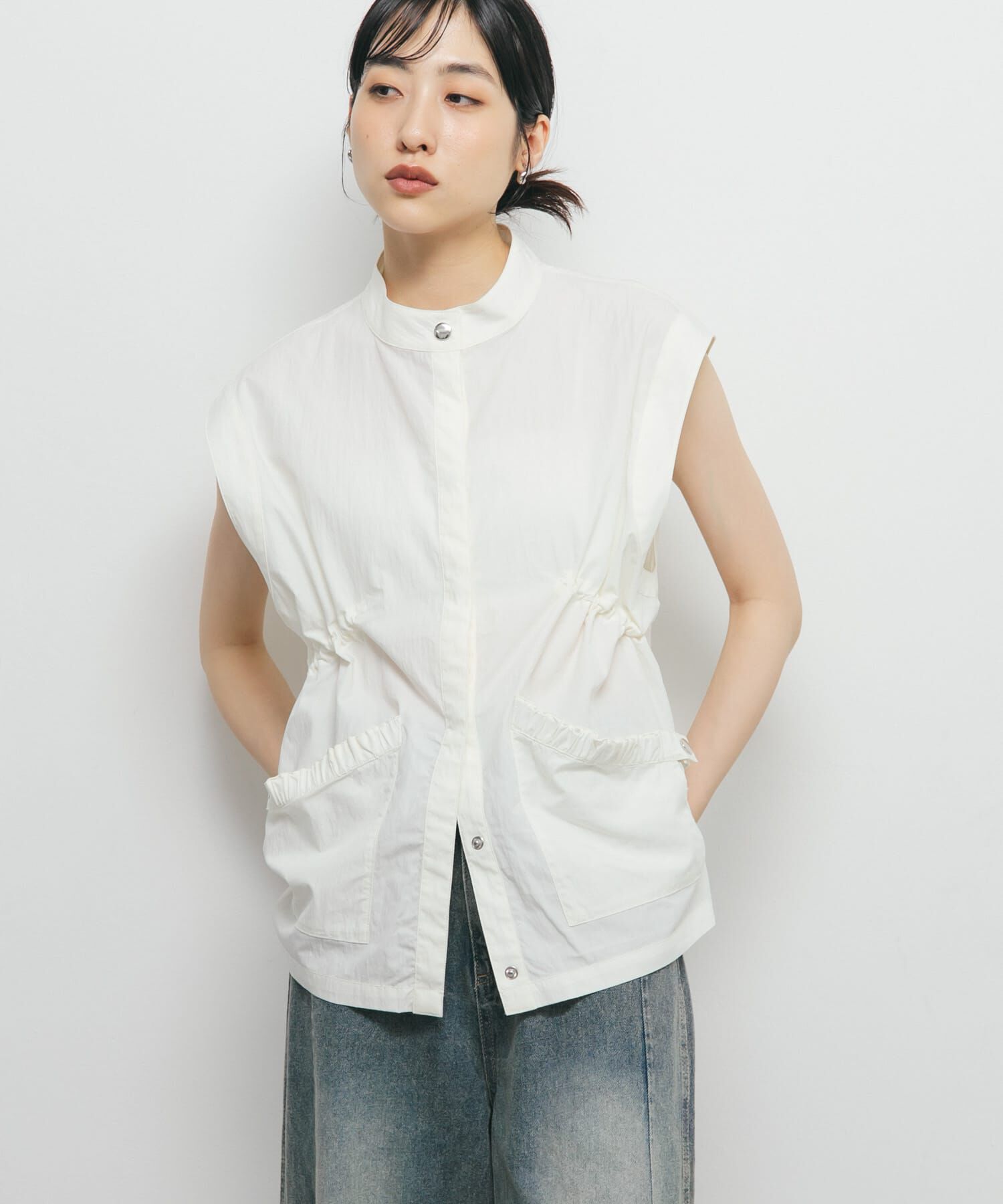  「スタンドカラーベスト」|ノーカラーコート|オフホワイト