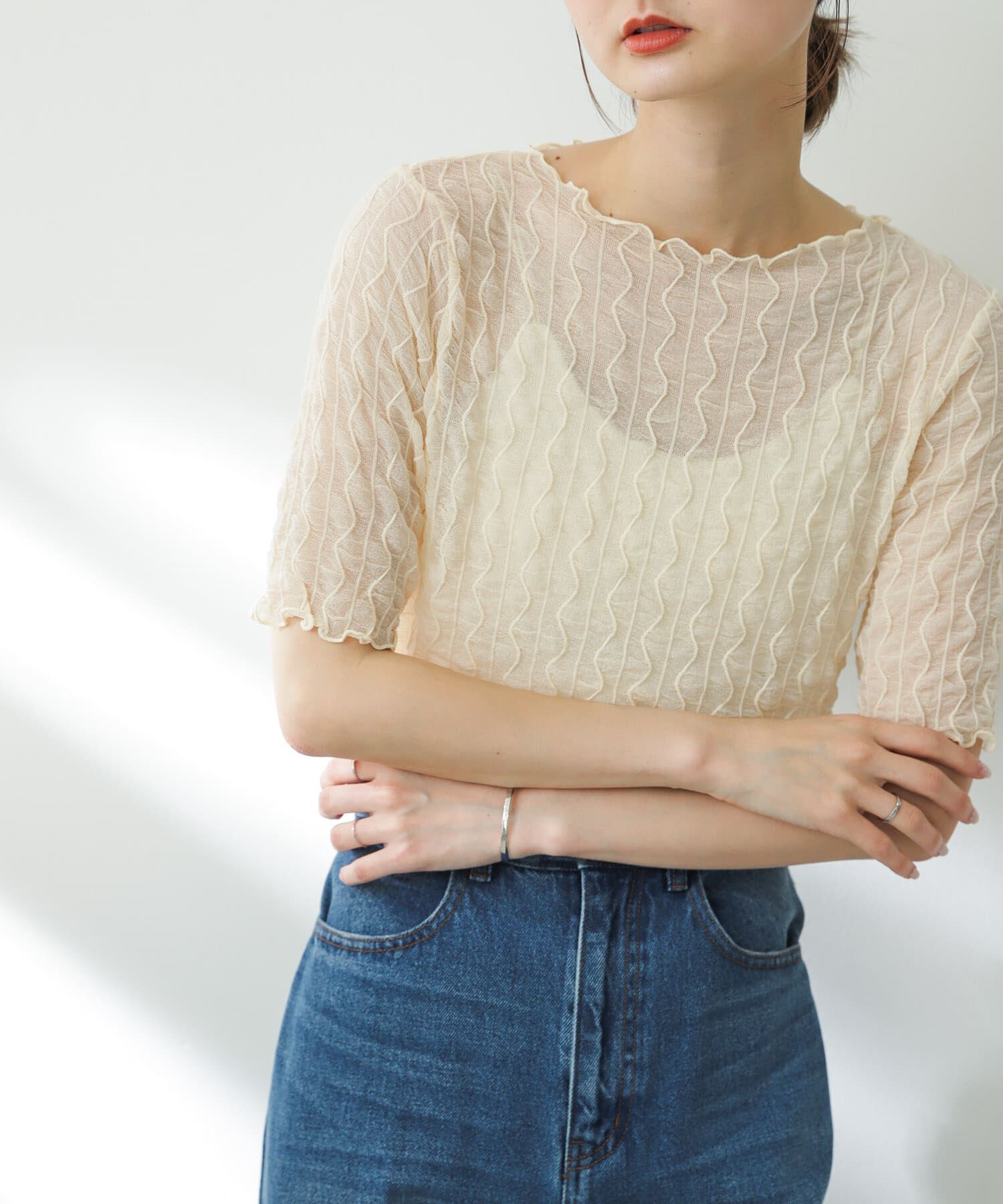 SENSE OF PLACE by URBAN RESEARCH「ウェーブパターンシアートップ(5分袖)」|Tシャツ・カットソー|