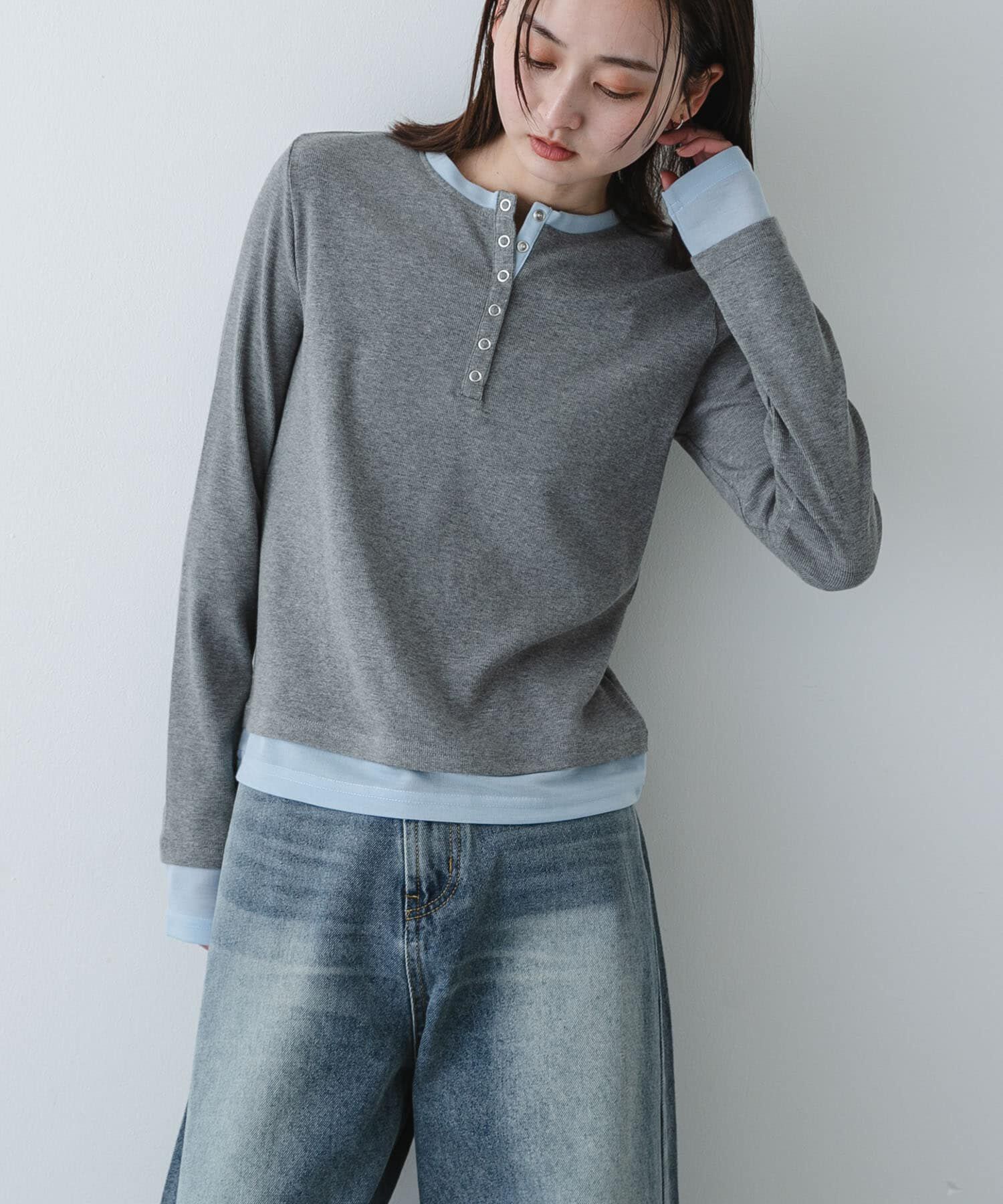 SENSE OF PLACE by URBAN RESEARCH「『洗濯可』ヘンリーネックレイヤードトップ」|Tシャツ・カットソー|グレー