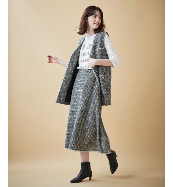 le.coeur blanc「ツイードフリンジフレアスカート」|フレア|ブラック柄