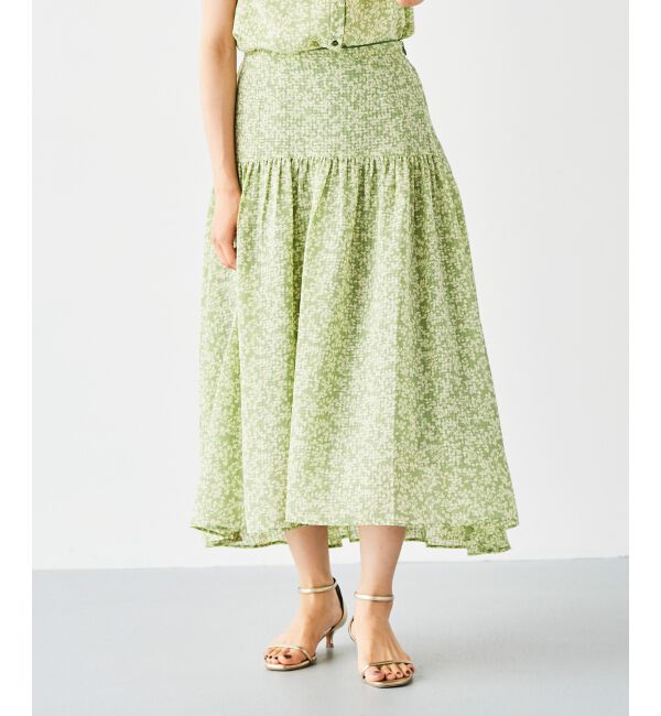 le.coeur blanc「リーフプリントキリカエギャザースカート」|フレア|グリーン柄