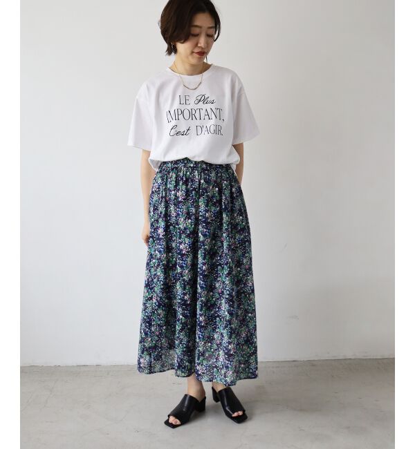 「《手洗い可能》フラワープリントギャザーフレアスカート」|フレア|