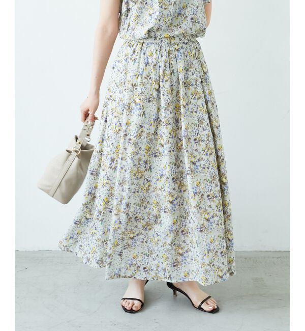  「《手洗い可能》フラワープリントギャザーフレアスカート」|フレア|