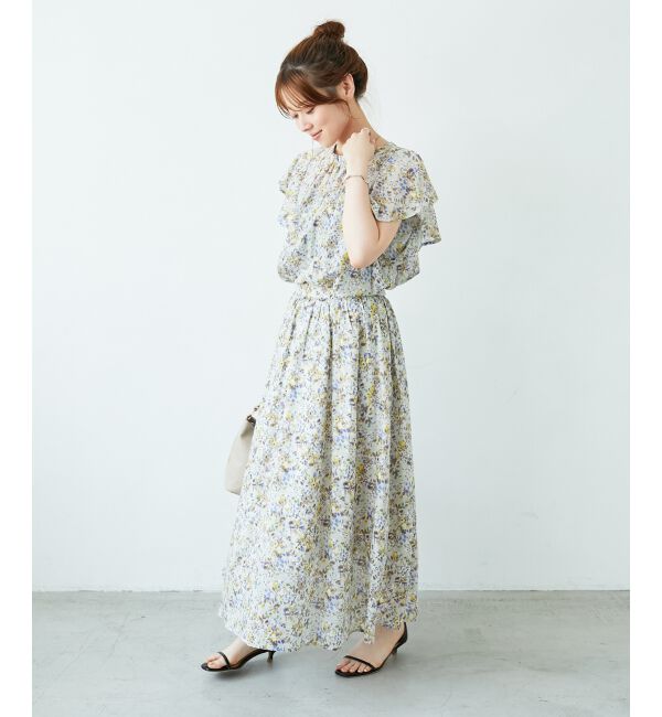  「《手洗い可能》フラワープリントギャザーフレアスカート」|フレア|