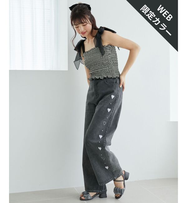  「リボンビジューデニムパンツ」|デニム|